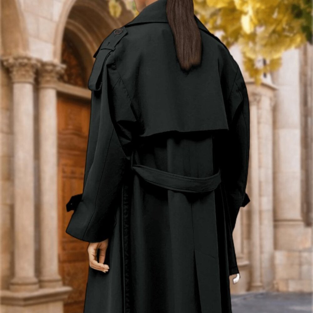 Black Elegant Women's Oversized Double Breasted Lapel Windproof Trench Coat - Picture 3 of 4